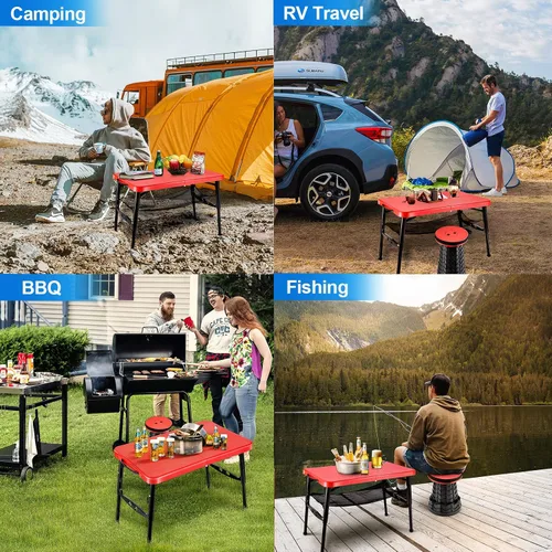 Vista 6 de KPR Juego de mesa plegable y taburete retráctil, mesa plegable portátil para camping, ligera pero más resistente, con taburete ajustable para picnic