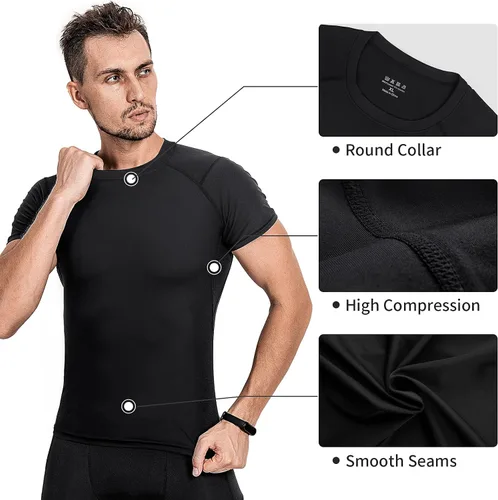 Vista 4 de Niksa Camisas de compresión para hombre, paquete de 3, camisetas de compresión atléticas de manga corta, camisetas de entrenamiento frescas y secas