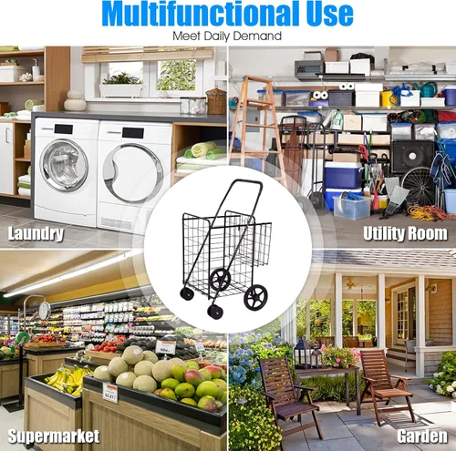 Vista 6 de Carrito de compras de comestibles, carrito plegable y resistente con ruedas giratorias de 360° y cesta adicional, carrito ligero para equipaje