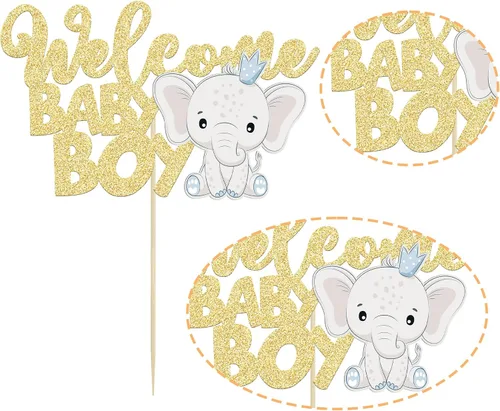 Vista 7 de Gyufise 1 pieza de decoración de pastel de bebé con purpurina dorada para baby shower, elefante para pasteles, decoración para recién nacidos