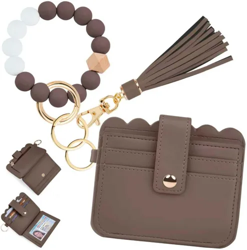 Vista 26 de Cartera de pulsera para mujer con llavero – Tarjetero RFID pequeña cartera con llavero Beige