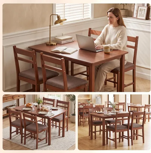 Vista 9 de HOMCOM Juego de mesa de comedor de madera maciza de 5 piezas para 4, mesa de cocina estilo granja con sillas tapizadas para espacios pequeños Marrón