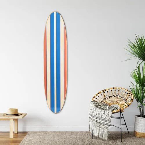 Vista 10 de Creative Co-Op Decoración de pared de tabla de surf decorativa costera, rayas rojas y azules superpuestas sobre madera natural, se cuelga vertical u