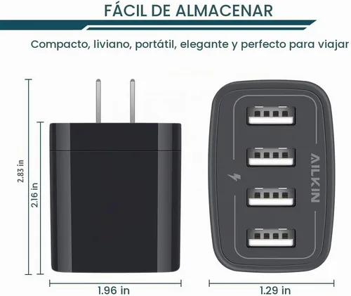 Vista 2 de Cargador de pared, adaptador de cargador USB, estación de carga rápida AILKIN 4.8A, 4 puertos múltiples, bloque de base de alimentación, enchufe