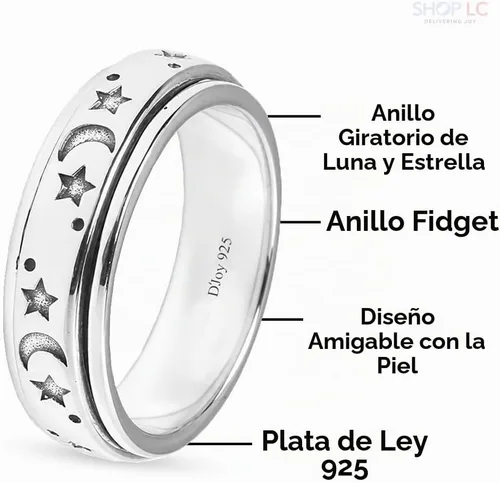 Vista 4 de 925 Sterling Silver Spinner Fidget Anxiety Ring for Women Men Una estrella de la luna