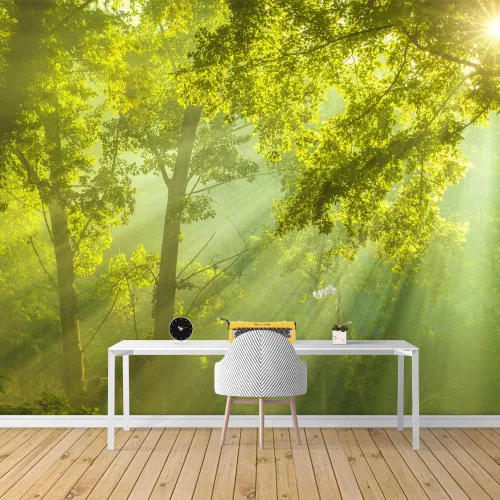 Vista 10 de SIGNFORD Adhesivo removible de pared/mural de pared, verde esmeralda, sol, bosque, árbol, árbol, naturaleza, desierto, fotografía, realismo