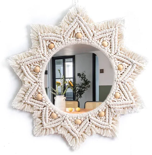 Vista 10 de TENEWEE - Espejo de pared colgante redondo de macramé bohemio Handmade woven, black, wall hanging HD glass; entryway, bedroom, apartment, hallway