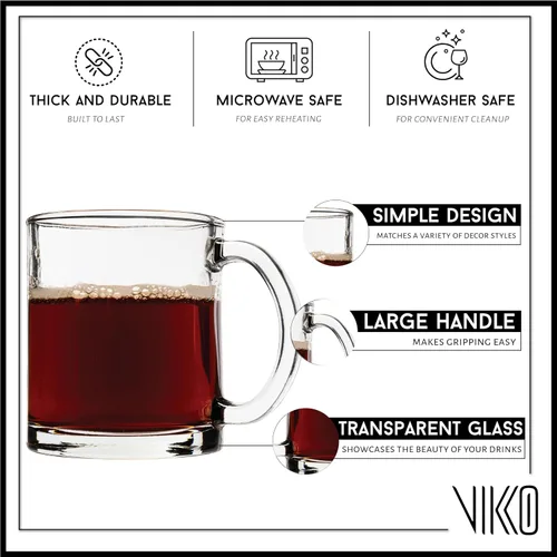 Vista 3 de Vikko Juego de 6 tazas de café de cristal, transparentes de 10.75 onzas, aptas para microondas y lavavajillas