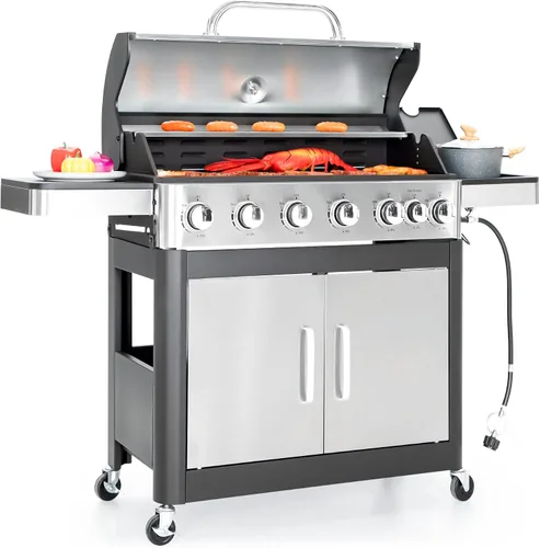Vista 7 de Captiva Designs Parrilla de barbacoa de gas propano de 4 quemadores con quemador lateral y rejillas de hierro fundido esmaltado de porcelana, salida