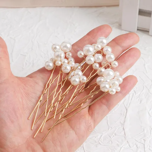 Vista 5 de Juego de 9 horquillas de boda con perlas en forma de U para mujeres nupciales (dorado) Diseño único, accesorios elegantes para el cabello