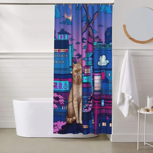 Vista 8 de Cortina de ducha de gato japonés de neón, impermeable, de poliéster, decoración retro para niños y adultos, se adapta a bañera, ducha y ventana