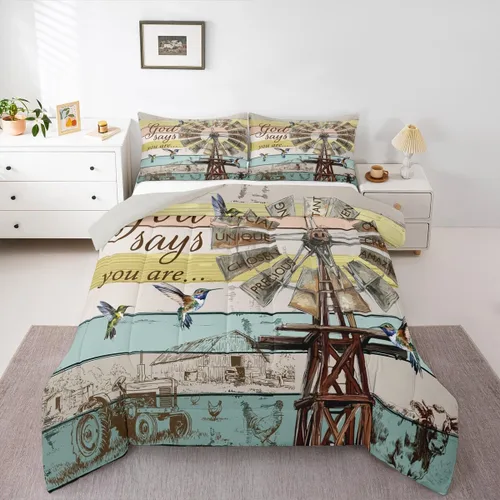 Vista 27 de Erosebridal Juego de edredón rústico de colibrí, juego de ropa de cama de molino de viento rústico para niños, adolescentes y adultos, relleno