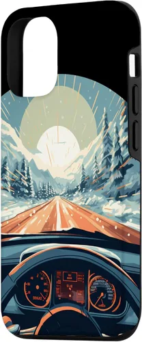 Vista 2 de iPhone 14 divertido operador de coche con puesta de sol y volante en caso de invierno