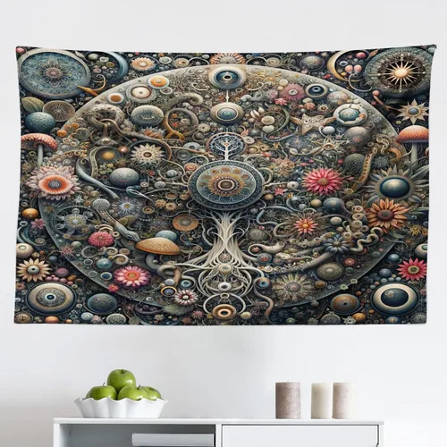 Vista 91 de Ambesonne Tapiz bohemio, diseño floral de bruja, luna y mariposa con adornos de mandala, decoración de tela para colgar en la pared para dormitorio