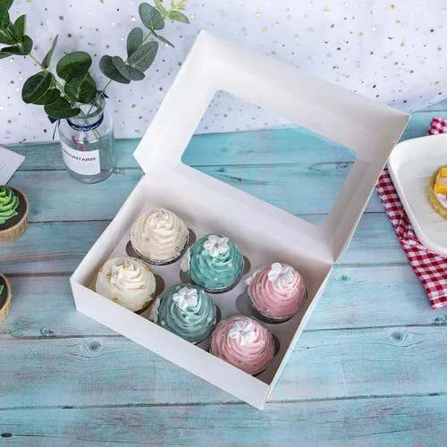 Vista 3 de ONE MORE Cajas para cupcakes con insertos para 6 soportes, cajas grandes de panadería estándar blancas de 9.5 x 6.3 x 3 pulgadas con ventana