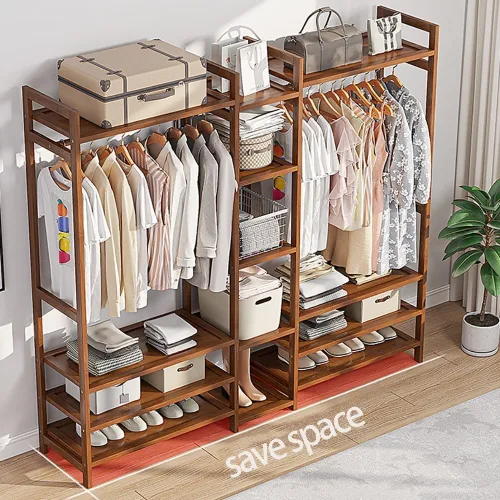 Vista 5 de Perchero de bambú con 5 estantes de almacenamiento para vestidos, zapatos y sombreros, carga máxima de 220.5 lbs, ideal para dormitorio