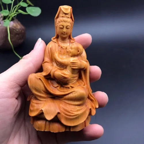 Vista 3 de Mini estatua de Quan Yin decoración de oficina en casa, estatua de Buda femenina Kuan Yin con estatua de bebé, decoración zen de jardín de la diosa