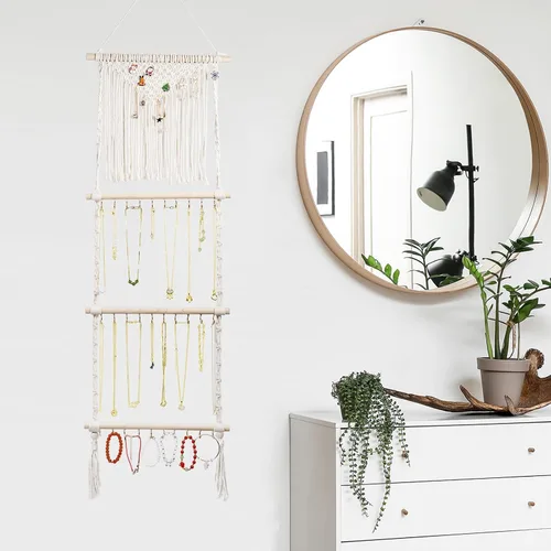 Vista 5 de Teniinet Organizador colgante de joyas, colgador de collar de macramé bohemio montado en la pared con 30 ganchos, soporte de joyería colgante