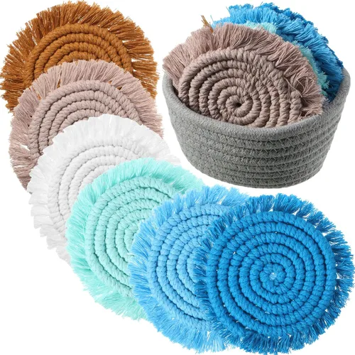 Vista 7 de Juego de 6 posavasos de algodón tejido bohemio absorbente con soporte para casa de campo, borla de macramé, regalo de inauguración de la casa
