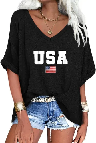 Vista 19 de UNCLECAT Camisetas de gran tamaño con cuello en V para mujer, camisas de manga corta de verano, holgadas, casuales