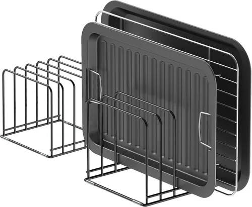 Vista 10 de KORRTFID Organizador de armario de cocina, soporte para utensilios de cocina de acero, soporte dividido con 5 ranuras para sartenes, bandeja