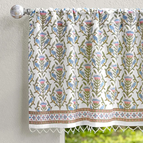 Vista 20 de Saffron Marigold Cortina de cenefa impresa a mano con ribete de cuentas, velo de novia blanco, perfecta para cocina, dormitorio, baño, comercio