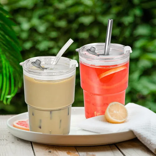 Vista 7 de Juego de 2 Tazas de Plástico de 15 oz para Café Helado Matcha con Tapas y Popotes, Vasos para Beber Irrompibles Reutilizables para Café Helado