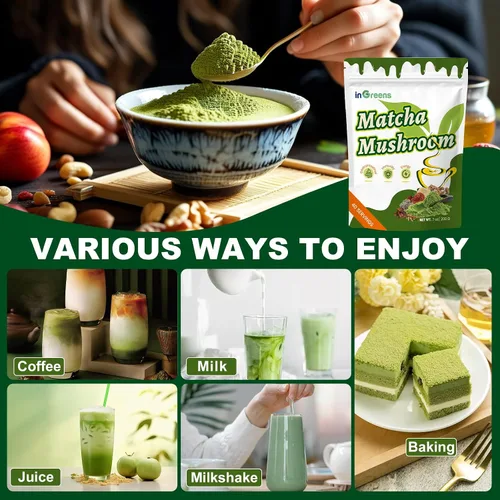 Vista 5 de Matcha de hongos de 7.05 oz, mezcla súper premium, polvo de hongos matcha con MCT, Reishi y melena de león para fortalecer el sistema inmunológico