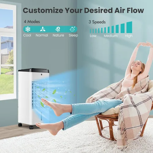 Vista 3 de GOFLAME Enfriador de aire evaporativo portátil, ventilador humidificador 3 en 1 con control remoto, tanque de agua de 3.5 L, 2 paquetes de hielo, 4