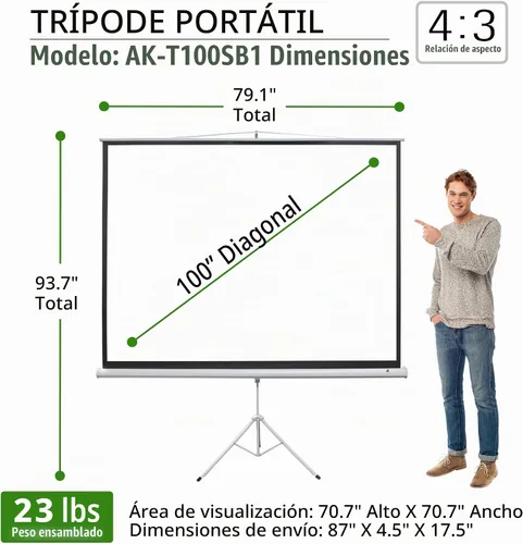 Vista 4 de Akia Screens Pantalla de proyector de 100 pulgadas con soporte, 4:3 HD, pantalla portátil de trípode, 1.1 ganancia, sin arrugas