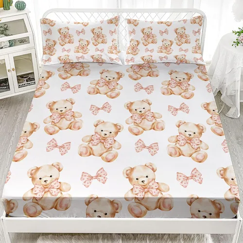 Vista 3 de AILONEN Lovely Bear - Juego de sábanas bajeras tamaño Queen, juego de ropa de cama con pajarita de dibujos animados para niños y niñas, sábana