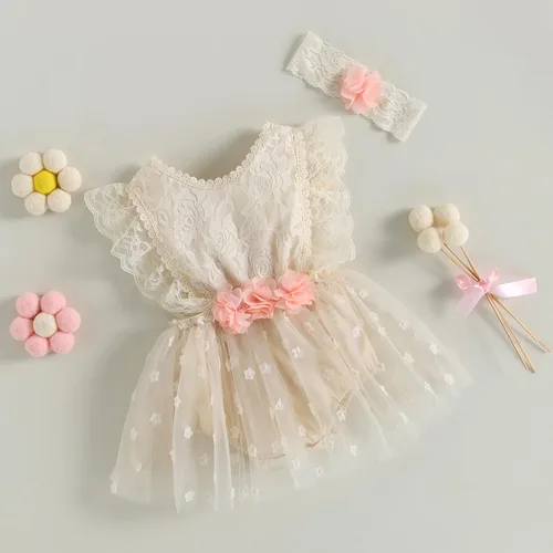Vista 2 de Ropa de bebé niña de verano de encaje mameluco mameluco mameluco manga con volantes sin espalda body traje de una pieza