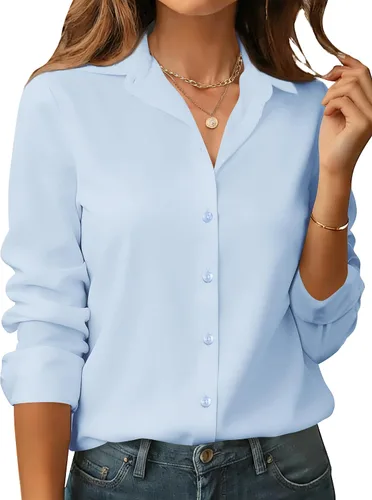 Vista 7 de Camisas de manga larga con botones para mujer, básicas, clásicas, suaves, con cuello a la moda, elegantes y casuales