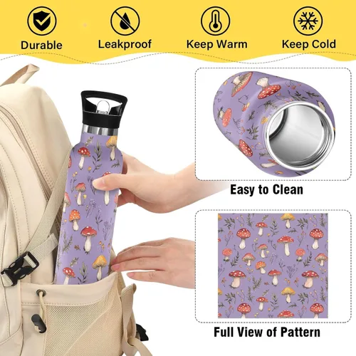Vista 4 de Red Mushrooms Termitomyces Albuminosus Purple Double Wall Vacuum Insulated Bottles Water Bottles With Straws Leak-proof BPA-Free Leak Proof for Gym