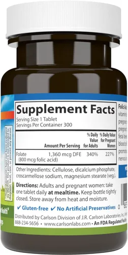 Vista 2 de Carlson Ácido fólico, 800 mcg, soporte prenatal, 300 tabletas Desarrollo fetal; vitamina B importante para mujeres embarazadas