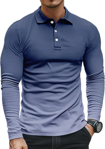 Vista 2 de Polo degradado para hombre, manga larga, con botones, cuello ligero, para golf y tenis