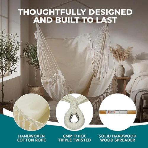 Vista 4 de Bliss Hammocks BHC-412FR - Silla hamaca con flecos de cuerda de isla de 40 pulgadas con herrrajes para colgar y barra separadora, para usar al aire