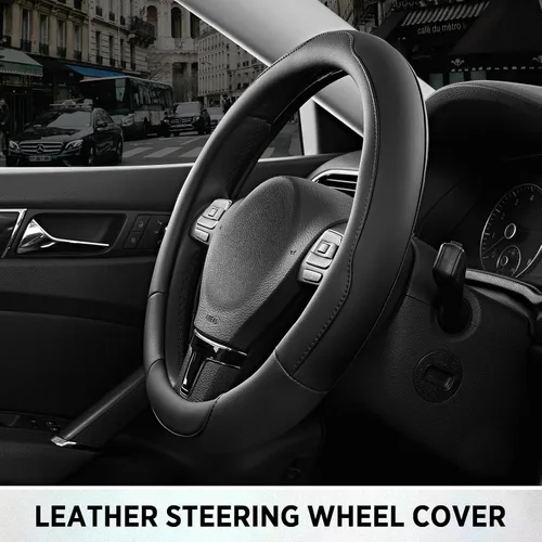 Vista 6 de Road Comforts Funda para volante, de piel antideslizante y transpirable, ajuste universal de 14.5 a 15 pulgadas, agarre cómodo, color negro