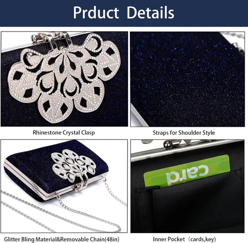 Vista 2 de Bolso de mano de noche para mujer, bolso de noche con cristales brillantes de diamantes de imitación, bolso de hombro, bolso formal para fiesta