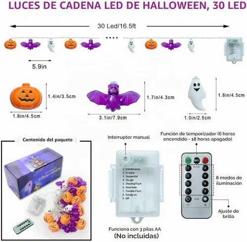 Vista 2 de Luces de Halloween, 16.4 pies, 30 luces LED de calabaza, murciélago, fantasma, funciona con pilas, luces estroboscópicas de color naranja y morado