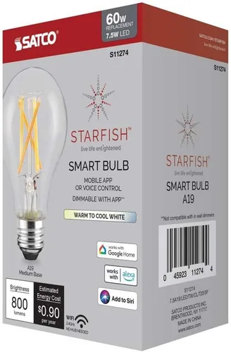 Vista 7 de Satco S11274 Starfish WiFi-Control A19 Bombilla LED inteligente blanca sintonizable, 7.5 vatios, 2200K-5000K