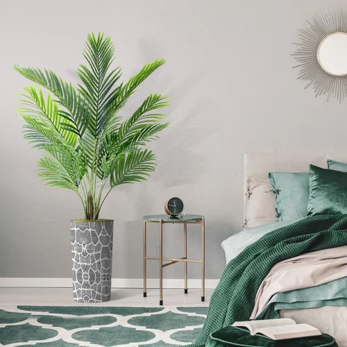 Vista 5 de Árbol artificial en maceta con patrón geométrico contemporáneo, palmera tropical areca artificial de seda para decoración del hogar en interiores