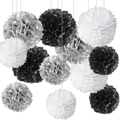 Vista 7 de Pompones de papel negro y naranja, pompones de tejido negro y naranja decoraciones colgantes, decoraciones de fiesta negro y naranja (12 unidades)