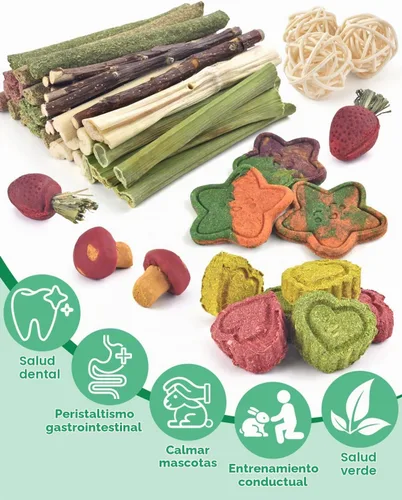 Vista 2 de ERKOON 53 juguetes masticables de conejo para dientes de conejos, juguetes naturales de conejo con palitos de madera de manzana, zanahoria, hierba