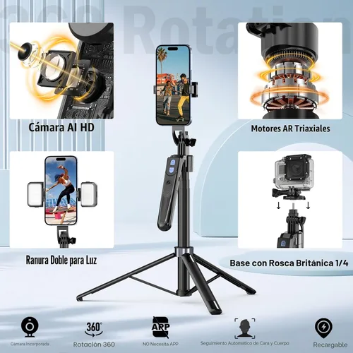 Vista 3 de Trípode de seguimiento facial automático con rotación de 360 grados con soporte, soporte para trípode Android y iPhone con control remoto y gestos