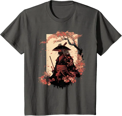 Vista 75 de Camiseta estética vintage samurái de arte japonés samurái retro cereza, Negro