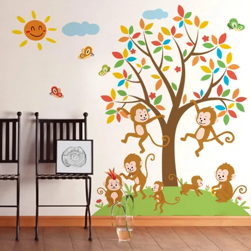 Vista 3 de Runtoo Calcomanías de pared de mono con diseño de árbol de animales de la selva para decoración de pared de dormitorio de niños Árboles de mono