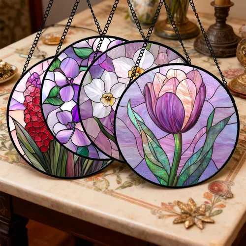 Vista 2 de DASTOLL Conjunto de 4 Piezas de Vidriera Manchada para Colgar en Ventanas, Tema de Flores Púrpuras, 16 cm - Atrapasoles de Tulipán para Puerta Juego