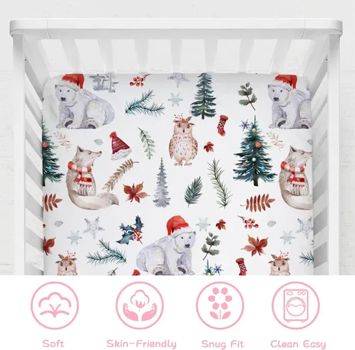 Vista 5 de Sábana bajera ajustable para cuna de bebé, diseño de animales del bosque, 52 x 28 pulgadas, diseño de animales de Navidad, oso, zorro, búho, hojas