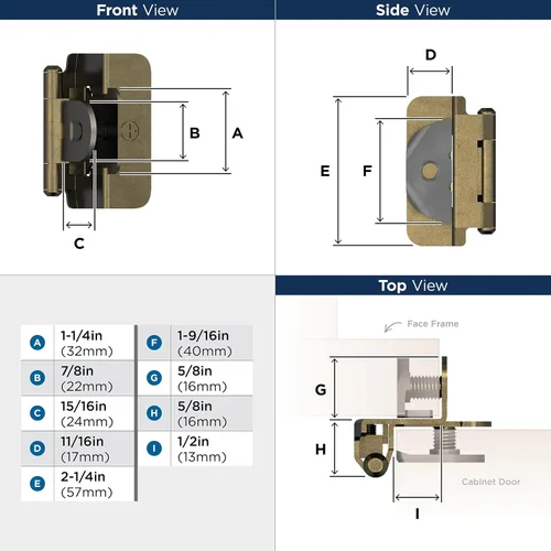 Vista 6 de Amerock Bisagra de gabinete doble desmontable Bisagra insertada de 3/8 pulgadas (10 mm) Bronce frotado con aceite Juego de 2 Bisagra